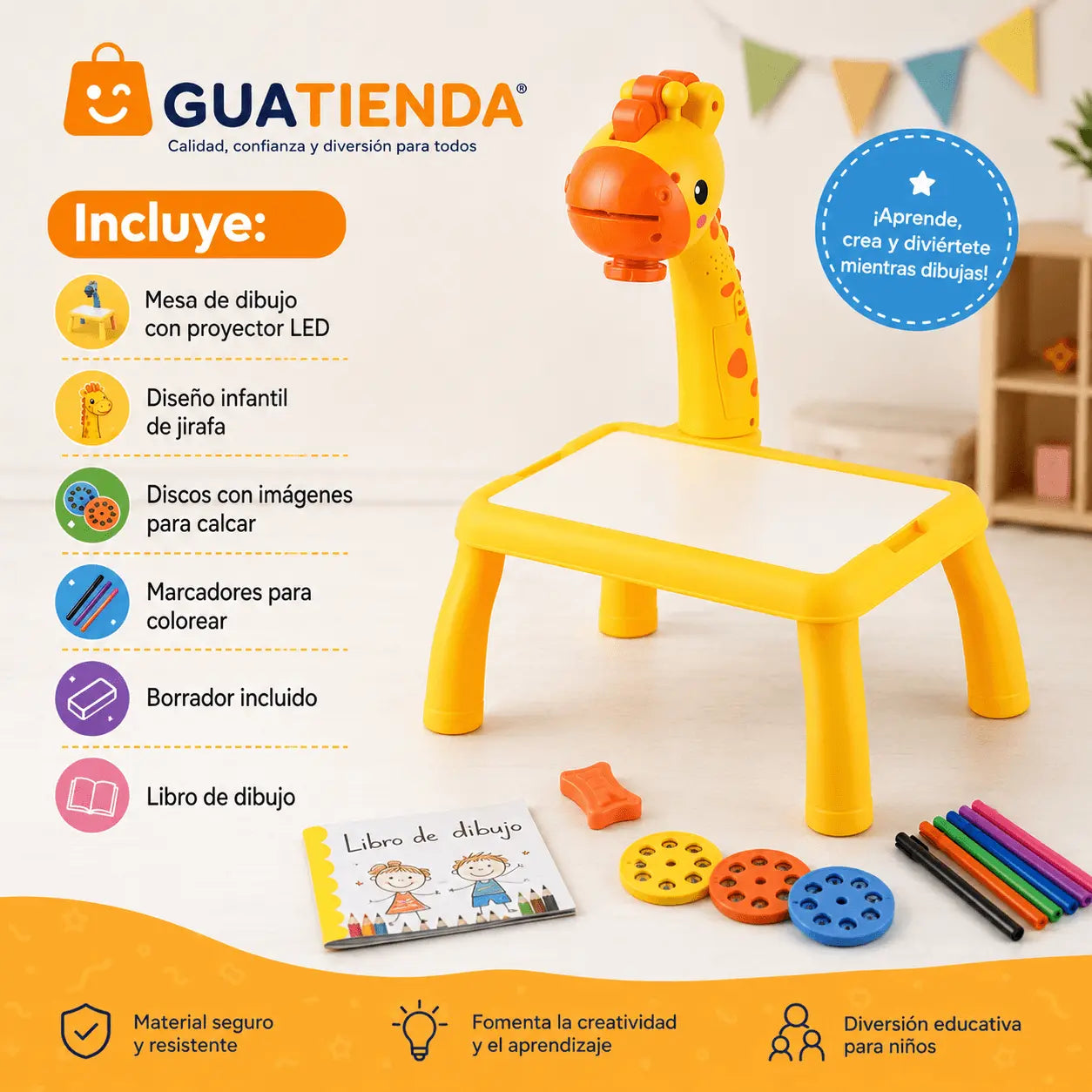 Proyector LED Infantil con Mesa de Dibujo Educativa Amarillo