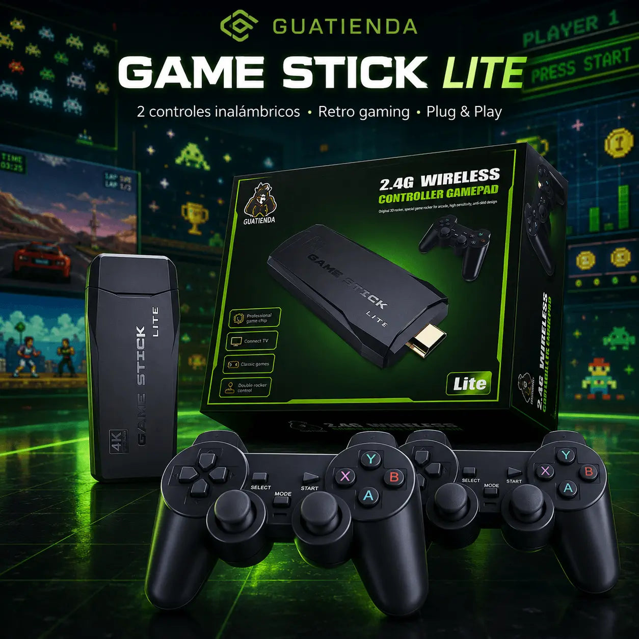 Consola Retro Game Stick para TV + 2 Controles Inalámbricos